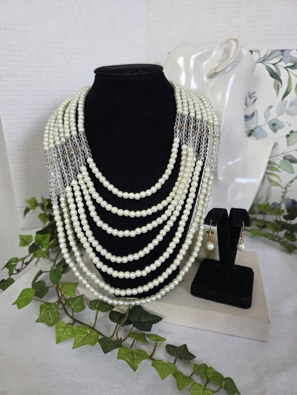 67 Strand Glass Pearl & Crystal Statement Necklace Set – Matching Earrings